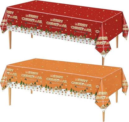 Merry Christmas Party Table Cloth Decorations Red Orange Gingerbread Plastic Xmas Tablecloths - 54x108inch Snowflake Christmas Tree Disposable Table Cover for Holiday Indoor Outside Home