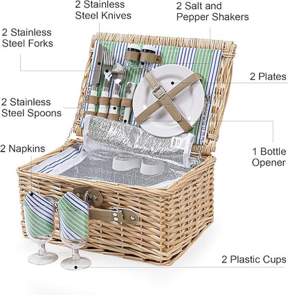Wicker Picnic Basket for 2 Person, Willow Hamper Basket Sets with Insulated Compartment, Handmade 2 Person Picnic Basket Classical Green Stripe with Utensils Cutlery Perfect for Picnic, Camping