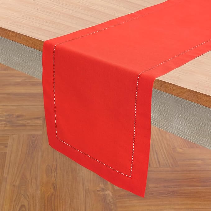 Solino Home Table Runner 90 Inches Long - Cotton Linen Hemstitch Poppy Red Table Runner 14 x 90 Inch for Valentines