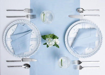 Solino Home Linen Sky Blue Table Runner 120 Inches Long - 100% Pure Linen Hemstitch 14 x 120 Inch Table Runner for Dining, Spring, Easter - Classic Hemstitch