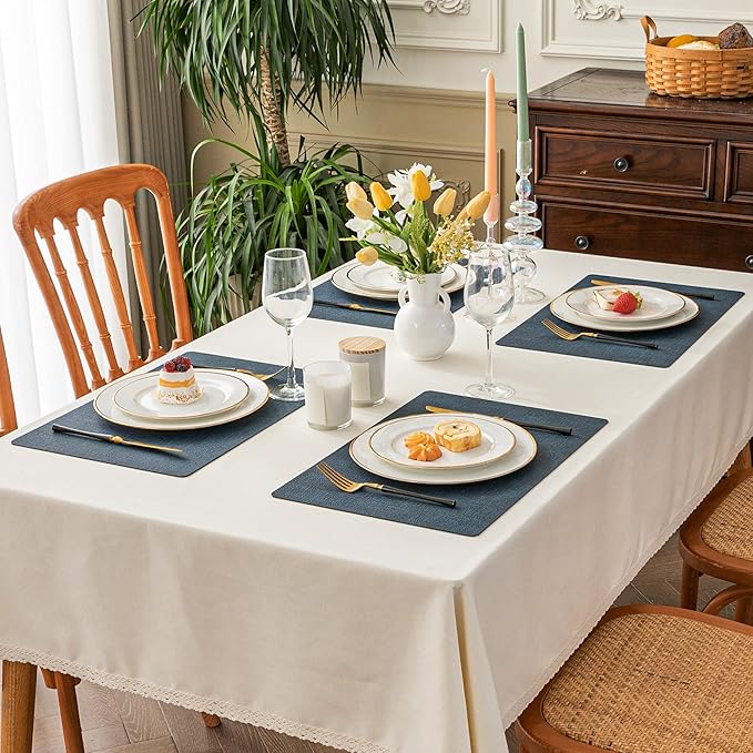 Romanstile Vinyl Placemats Set of 4-12 X 17 Inch - Heat Resistant Place Mats 100% Waterproof Oilproof Wipeable Reversible Faux Leather Table Mats for Kitchen, Dining, Party, Outdoor, Navy Blue