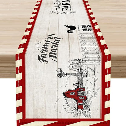 Farmhouse Table Runner, Rustic Country Barn Cottage Rooster Check Animal Plank Coffee Table Center Decor for Home Kitchen Dining Patio Holiday Party Indoor Outdoor Table Decorations 13"x36"