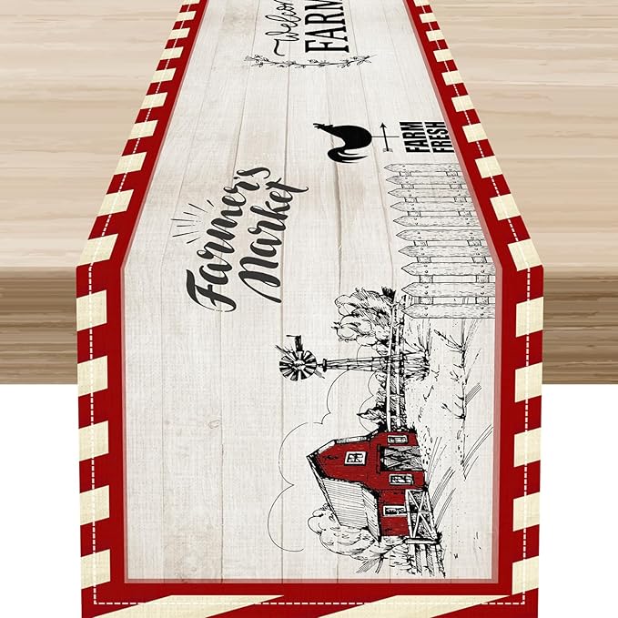 Farmhouse Table Runner, Rustic Country Barn Cottage Rooster Check Animal Plank Coffee Table Center Decor for Home Kitchen Dining Patio Holiday Party Indoor Outdoor Table Decorations 13"x90"