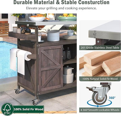 Rolling Cart ，Storage Cabinet, Grill Table ，Artificial Board，with Stainless Steel Top, Internal Storage Racks，Spice Rack, Towel Rack ， Kitchen ，Barbecue, Outdoor