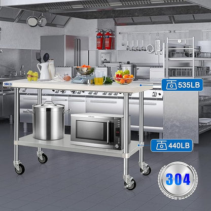 HARDURA Stainless Steel Table with Wheels 24 x 60 Inches Kitchen Prep Table Heavy Duty Stainless Steel Workbench with Aluminium Corner Undershelf NSF 304 Metel Table for Commercial Restaurant