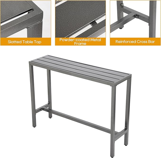 Outdoor Patio Bar Set, Bar Height Patio Dining Set, Weather-Resistant Bistro Counter Pub Set with Cushions & Slatted Tabletop for Backyard, Garden, Yard (47" Table, 2 "X Style Stool, Gray)