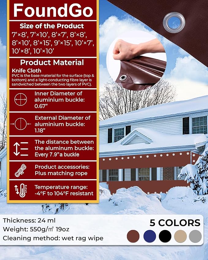 FoundGo 8'H x 8'W Vinyl Curtains for Patio 19oz, Outdoor Clear Vinyl Patio Enclosure,Heavy Duty Clear Tarp Waterproof PVC Tarps with Grommets for Pergola, Balcony,Porch,Gazebos，-4℉ Cold Resistant