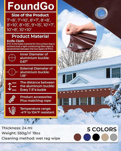 FoundGo 8'H x 8'W Vinyl Curtains for Patio 19oz, Outdoor Clear Vinyl Patio Enclosure,Heavy Duty Clear Tarp Waterproof PVC Tarps with Grommets for Pergola, Balcony,Porch,Gazebos，-4℉ Cold Resistant
