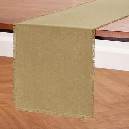 Solino Home Fringe Linen Table Runner 60 Inches - 100% Pure Linen Kelp Table Runner 14 x 60 Inch Ideal for Dresser and Coffee Tables, Spring