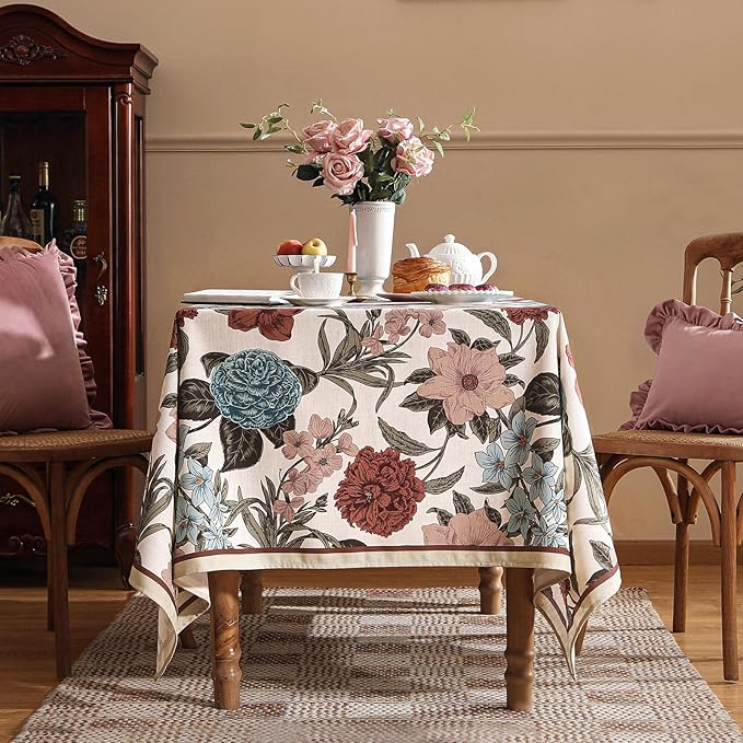 Designer French Linen Tablecloth for Rectangle Table,Red and Blue Floral Rustic Durable Tablecloths,Decor Table Cover for Kitchen,Dining,Thanksgiving,Home,55" × 87"-Burgundyred