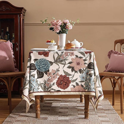 Designer French Linen Tablecloth for Rectangle Table,Red and Blue Floral Rustic Durable Tablecloths,Decor Table Cover for Kitchen,Dining,Thanksgiving,Home,55" × 87"-Burgundyred