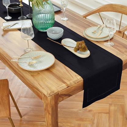 Solino Home Linen Black Table Runner 36 Inches - Medium Weight Hemstitch, 100% Pure Linen Coffee Table Runner 14 x 36 Inch Ideal for Dresser Tables - Winter