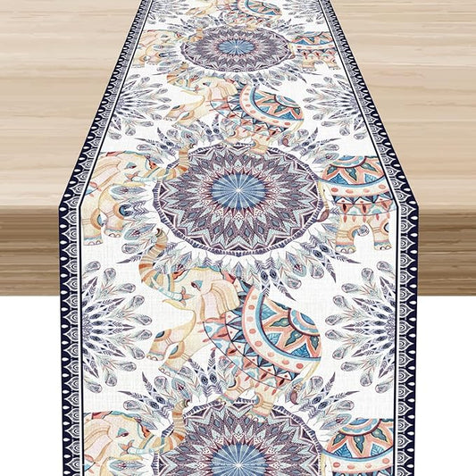 Boho Table Runner, Rustic Blue African Tribe Elephant Indian Diwali Damask Mandala Art Print Ethnic Folk Coffee Table Center Decor for Home Kitchen Holiday Party Outdoor Table Decorations, 13"x36"