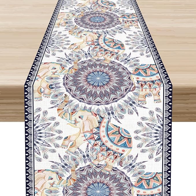 Boho Table Runner, Rustic Blue African Tribe Elephant Indian Diwali Damask Mandala Art Print Ethnic Folk Coffee Table Center Decor for Home Kitchen Holiday Party Outdoor Table Decorations, 13"x72"