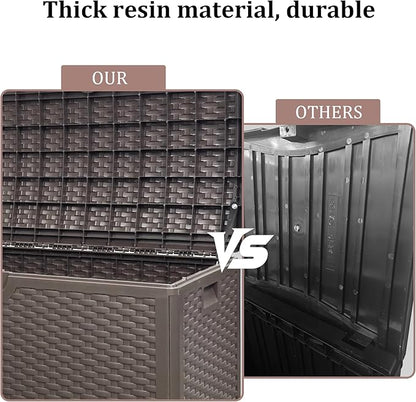80 Plus Gallon Resin Deck Box, Waterproof Outdoor Storage Box for Patio, Poolside, and Garden, Lockable UV-Resistant Storage Bin Bench Cabinet for Small Spaces, Brown