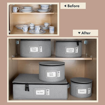 China Storage Hard Shell Containers 5-Piece Set Moving Boxes for Dinnerware, Glasses, Plates, Mugs and Saucers Sturdy Dish Organizer with Dividers for Seasonal Storage - Service for 12 - Gray