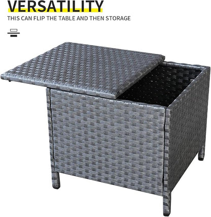 Outdoor Wicker Storage Side Table, Patio Grey PE Rattan End Table with Storage, Square Container for Furniture Covers, Toys, and Gardening Tools