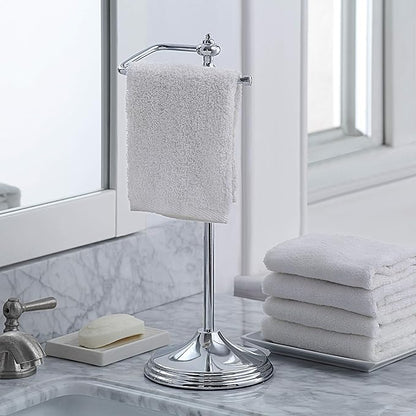 SunnyPoint Heavy Weight Classic Decorative Metal Fingertip Towel Holder Stand for Bathroom, Kitchen, Vanity and Countertops; Hanging Bar is 14.2" Height (Chrome, 15.6" x 5.6" x 5.6")