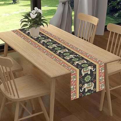Boho Elephant Table Runner, Rustic African Tribe Indian Diwali Floral Ethnic Rustic Green Coffee Table Center Decor for Home Kitchen Dining Holiday Party Country Outdoor Table Decorations, 13"x108"