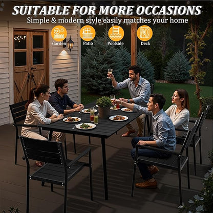 70" Patio Outdoor Dining Table for 6, Weather-Resistant Aluminum Frame with Wood-Grain Top & Umbrella Hole for Deck Gatherings, Black
