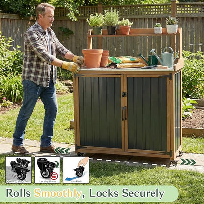 Outdoor Storage Cabinet with 4 Wheels and Handle, Metal & Wood Potting Bench - Image 3