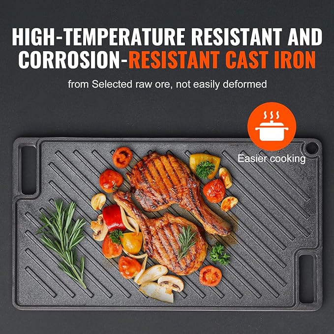 VEVOR Reversible Grill/Griddle, 17x10'' Pre-Seasoned Cast Iron Griddle, Rectangular Double Burner Griddle Pan, Non-Stick Family Pan Cookware with Handles, Flat Top Plate for BBQ, Gas Grill, Black
