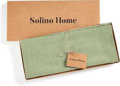 Solino Home Linen Small Table Runner 36 Inches - Athena, 100% Pure Linen Chambray Olive Table Runner 14 x 36 Inch Ideal for Dresser and Coffee Tables - Spring, St Patricks Day
