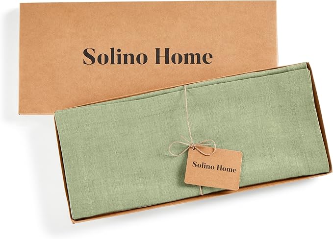 Solino Home Linen Small Table Runner 48 Inches - Athena, 100% Pure Linen Chambray Olive Table Runner 14 x 48 Inch Ideal for Dresser and Coffee Tables - Spring, St Patricks Day