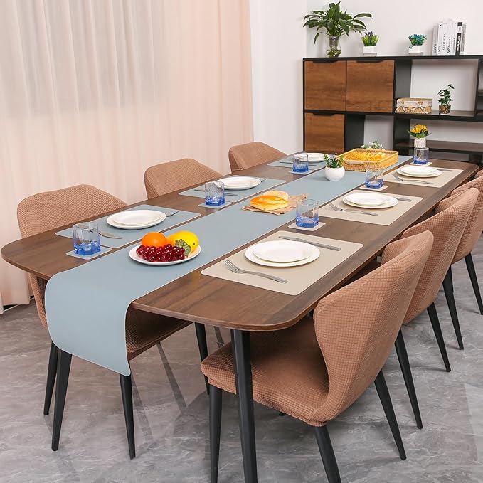 Myir JUN Table Runner Double Sided Vinyl Runner Table 72 Inch Long Runner for Table Washable Waterproof Non-Slip for Home Decorations Camel Yellow Light Blue,12 x 72 inch