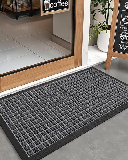 DEXI Front Door Mat Outside Entrance, 2x4 ft Rubber Entry Doormat Heavy Duty, Welcome Mats Non Slip for Inside House Floor Entryway Double Doors Exterior Patio, Checkered Grey