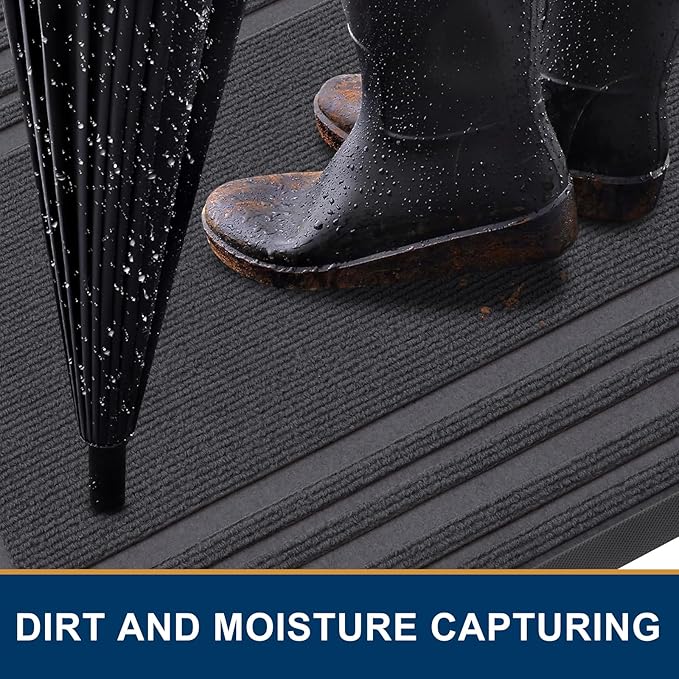Buganda Front Door Mat Indoor Outdoor Entrance, Non-Slip Natural Rubber Doormats, Easy Clean, Low Profile, Dirt Trapper Entryway Floor Mats for Outside, Garages and Patios, 29.5x17, Light Grey