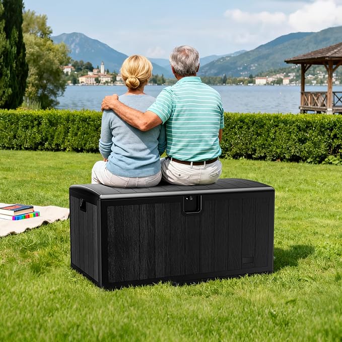 JEKO&JEKO 260 Gallon Outdoor Storage Box Set, 2-Pack 130 Gallon Plastic Deck Boxes with Lockable Lid for Patio, Garden Tools, Outdoor Cushions and Shoes, Black