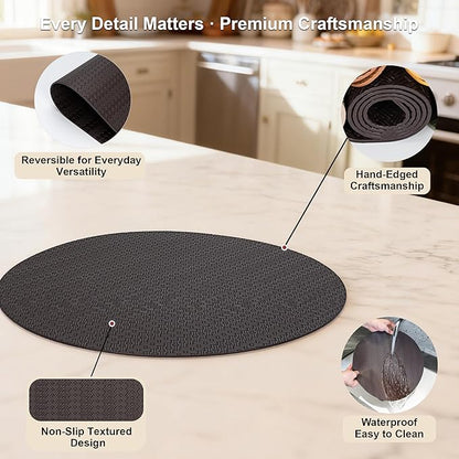 Round Faux Leather Placemats Set of 6 – 13 Inch Vinyl Mats, Heat Resistant, Non Slip, Wipeable & Washable, Easy to Clean Dining Table Decor for Kitchen & Holiday Gatherings（Black）