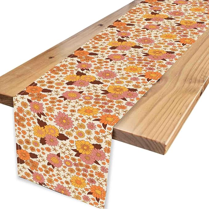 Groovy Floral Table Runner, Retro 70s Hippie Floral Funky Orange Floral Trippy Coffee Table Center Decor for Home Kitchen Dining Patio Holiday Party Indoor Outdoor Table Decorations, 13"x36" Inch