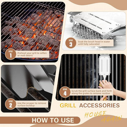 HOUSE AGAIN Grill Brush and Scraper Bristle Free with Dual Grip, 304 Stainless Steel Food-Grade Brush Head, Outdoor Grill Cleaning Brush Safe BBQ Grill Accessories Cleaner for Porcelain/Weber/Charcoal