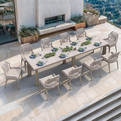 PURPLE LEAF 11 Pieces Patio Dining Set Aluminum Modern Rectangular Table and Wicker Chairs with Cushions for Kitchen Porch Garden Outdoor Furniture Sets, Champagne