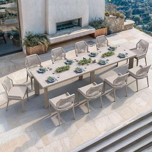PURPLE LEAF 11 Pieces Patio Dining Set Aluminum Modern Rectangular Table and Wicker Chairs with Cushions for Kitchen Porch Garden Outdoor Furniture Sets, Champagne