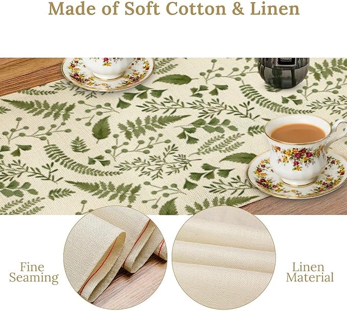 Green Leaves Table Runner,Spring Summer Herbs Botanical Natural Plants Print Table Runner for Kitchen Dining Table Farmhouse Home Party Decor 13x90in