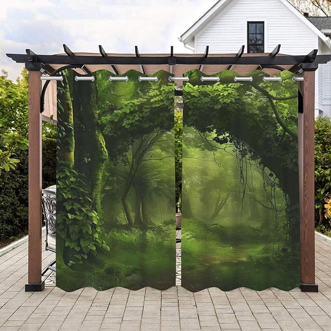Nature Theme Waterproof Outdoor Curtains for Patio,Forest Pattern,Privacy Weatherproof Grommet Outside Curtains for Porch, Pergola, Cabana,2 Panels,W36 x L84,Green