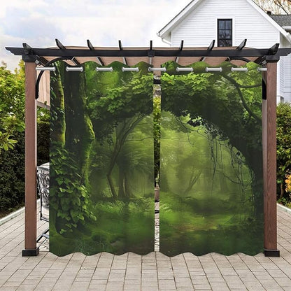 Nature Theme Waterproof Indoor/Outdoor Curtains,Forest Pattern,Privacy, Grommet Curtains for Patio, Pergola, Porch, Deck, Lanai, and Cabana,2 Panel,W54 x L96,Green