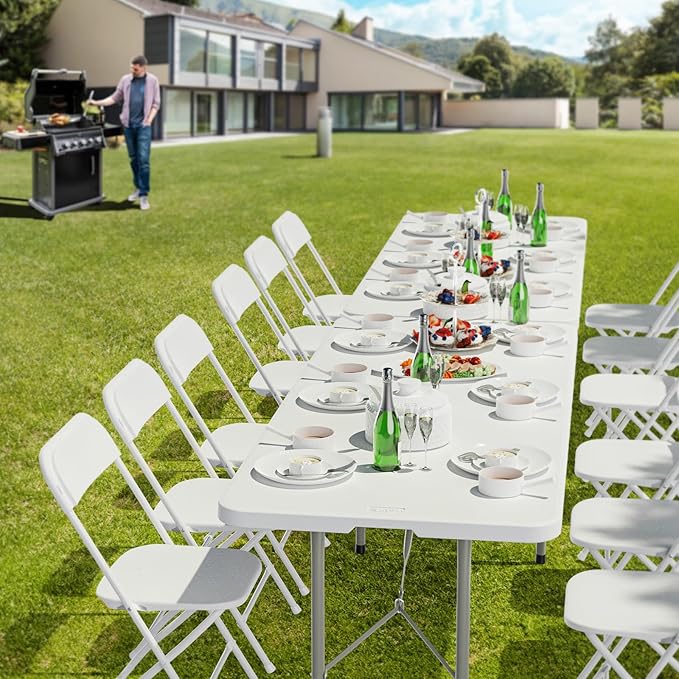 VINGLI 8 Foot Plastic Folding Table Portable Long Table for Indoor Outdoor Use Rectangular with Carrying Handle，White
