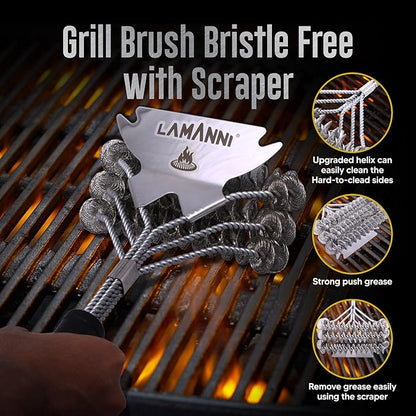 BBQ Grill Brush and Scraper 18” Heavy Duty Stainless Steel Grill Cleaner for Gas, Charcoal & Electric Grills Safe, Rustproof, Bristle-Free BBQ Cleaning Brush