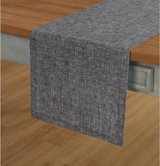 Solino Home Linen Chambray Black Table Runner 108 Inches Long - Athena, 100% Pure Linen Dining Table Runner 14 x 108 Inch for Winter