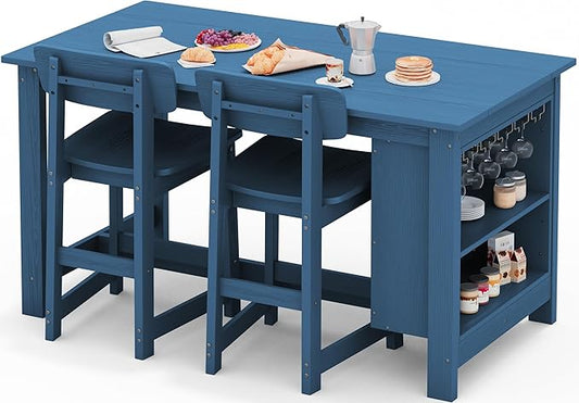 SERWALL Outdoor Bar Table and Chairs Set, 3-Piece HDPE Counter Height Patio Dining Sets with Storage and Wine Rack, Rectangular High Top Bar Table with 2 Bar Stools for Garden, Backyard, Blue