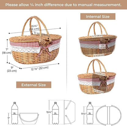 GRANNY SAYS Picnic Basket, Wicker Basket with Lid, Woven Cute Basket with Handle, Storage Basket with Washable Lining & Dual-Flid Lid, Natural Willow Picnic Hamper, Red Lining