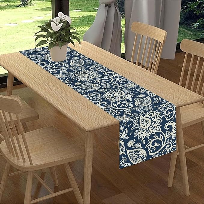 Blue Paisley Table Runner, Vintage Damask Antique Floral Flower Boho Damask Swirled Rustic Coffee Table Center Decor for Family Kitchen and Living Room Outdoor Table Decorations, 13"x72"