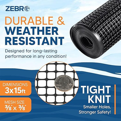 Plastic Hardware Mesh Screen & Fence Roll (2' x 15' - Black) - Indoor or Outdoor Balcony, Patio & Porch Netting - Safety Barrier Plastic Fence to Protect Pets & Kids Around The Home - Zebro