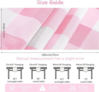 Fabric Checkered Table Runner 1 Pack Waterproof Gingham Table Runner 14W x 108L Buffalo Check Table Runners for Parties Kitchen Dining Wedding Banquet (Pink and White)