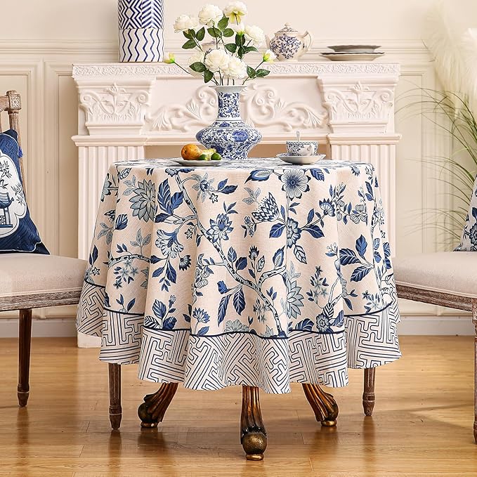 Vintage French Linen Small Round Tablecloth,Blue and White Floral Soft Tablecloths,Decorative Table Cover for Kitchen,Dining,Tea Party,Thanksgiving,Christmas,Diameter 55"-Suqing