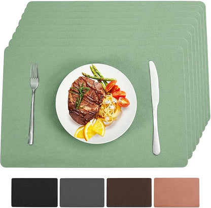 Vinyl Placemats Set of 6 Heat Resistant Easy Clean Non-Slip Place Mats for Dining Table. Faux Leather Waterproof Stain Resistant Wipeable Washable PU Table Mats(6, Green)